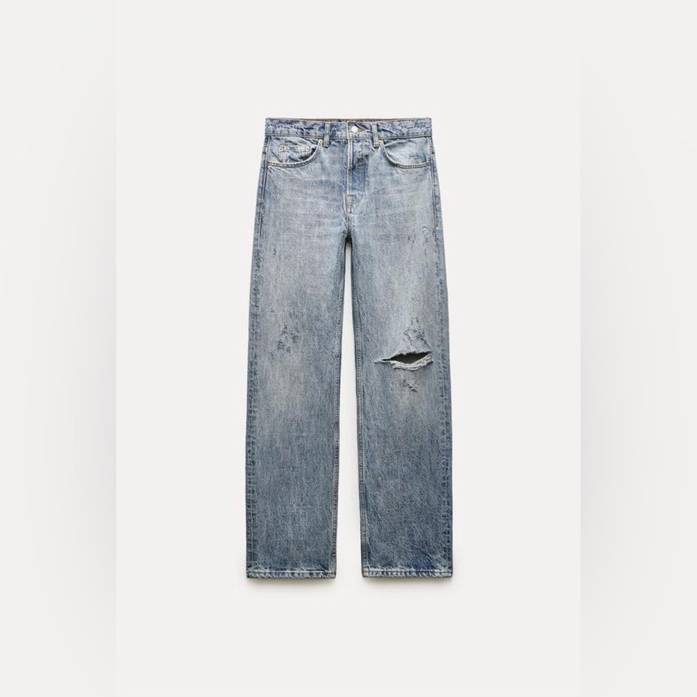 Zara Womens 4 High Waist Distressed Straight Leg Jeans Light Wash Relaxed Denim
